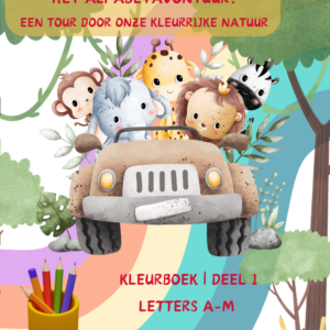 kleurboek cover Illustratie van een vrolijke groep dieren (een aap, olifant, giraf, leeuw en zebra) die in een jeep zitten, omringd door kleurrijke natuur met regenboogkleuren, planten en bomen.