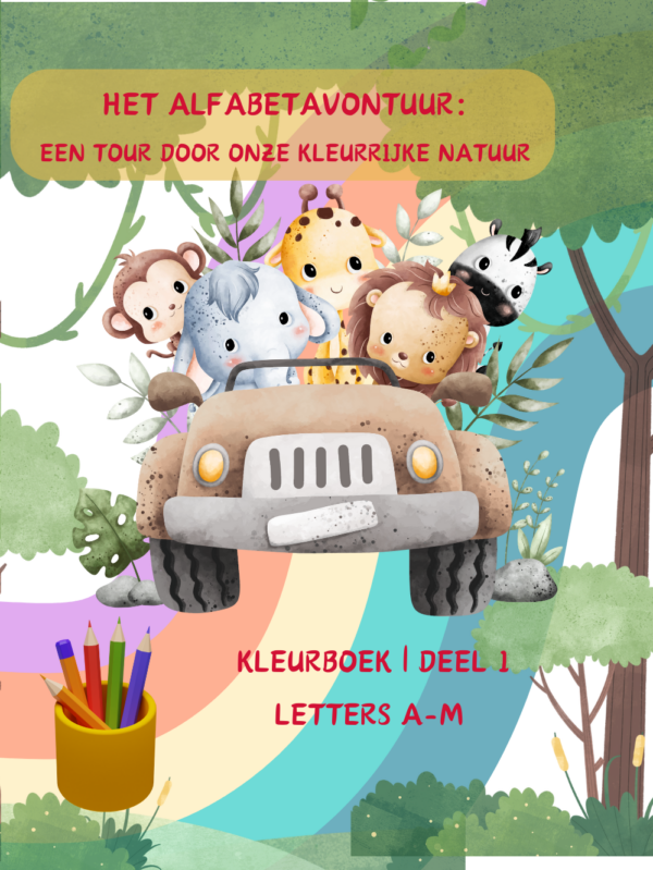 kleurboek cover Illustratie van een vrolijke groep dieren (een aap, olifant, giraf, leeuw en zebra) die in een jeep zitten, omringd door kleurrijke natuur met regenboogkleuren, planten en bomen.