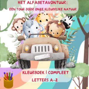 Cover van het complete kleurboek Het Alfabetavontuur van A-Z met schattige dieren in een jeep, omringd door kleurrijke natuu