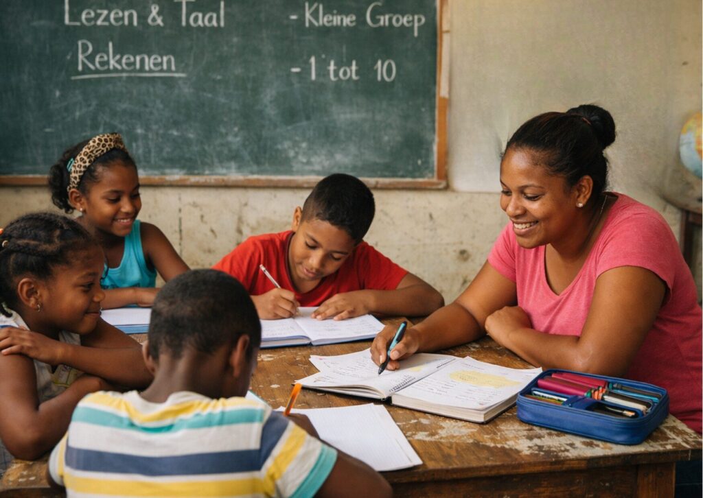 Leerkracht begeleidt een kleine groep kinderen